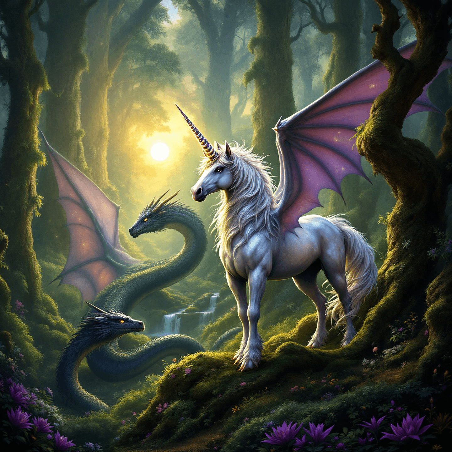 Fantastical landscape with mythical creatures like dragons, unicorns, and fairies set in a magical forest. The design should be rich in detail, with a mix of vibrant and dark colors to create an enchanting and mystical atmosphere. Centered composition.