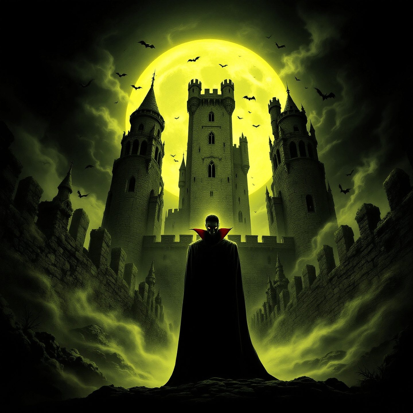 Count Dracula standing in front of a looming, ancient castle under a full moon, surrounded by swirling mist. Emphasize a gothic horror style with dark, eerie lighting casting long, sinister shadows. The mood should be ominous and foreboding. The composition is centered, focusing on Count Dracula’s imposing figure, his eyes glowing with malevolent intent. The castle towers are jagged and menacing, with bats flying around them, and the surrounding landscape is barren and desolate.