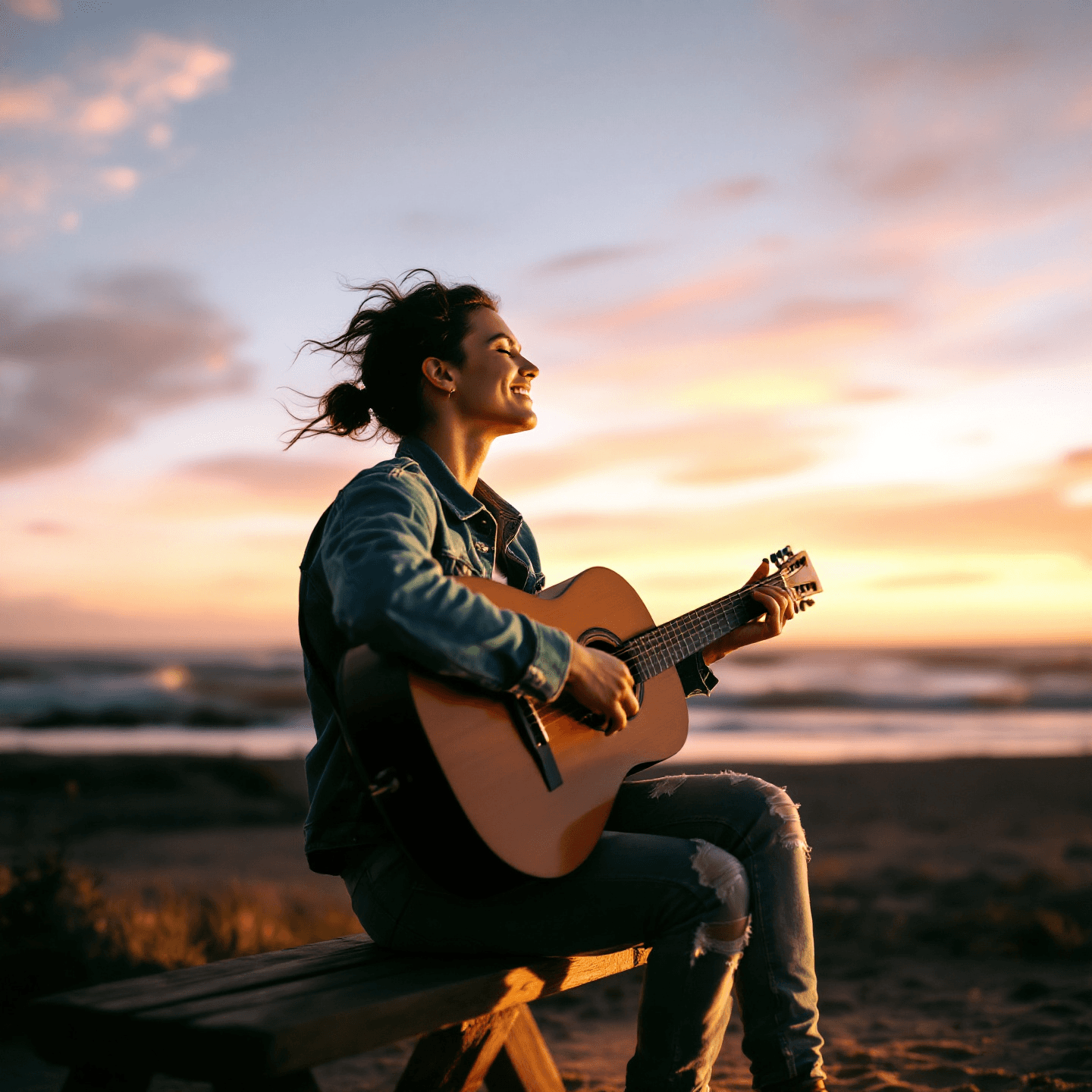 Passionate guitarist playing under a warm, romantic sunset, with soft, golden light cascading over the serene beach. The scene is centered, creating an intimate and tranquil mood, filled with the colors of the setting sun blending into the calming blues and purples of the horizon.