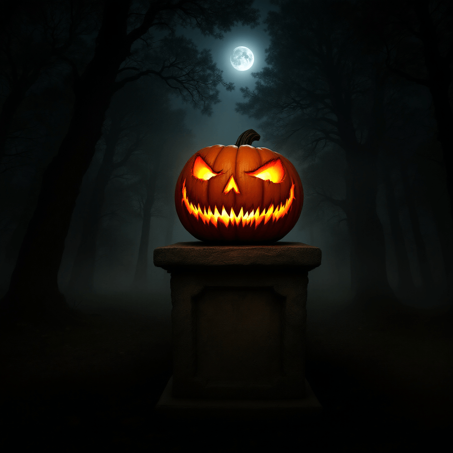 Carved pumpkin with an eerie expression, glowing ominously in the center of a dark, foggy forest. The scene is lit by faint moonlight, casting long, sinister shadows. The mood is spooky and foreboding, in a classic horror style.