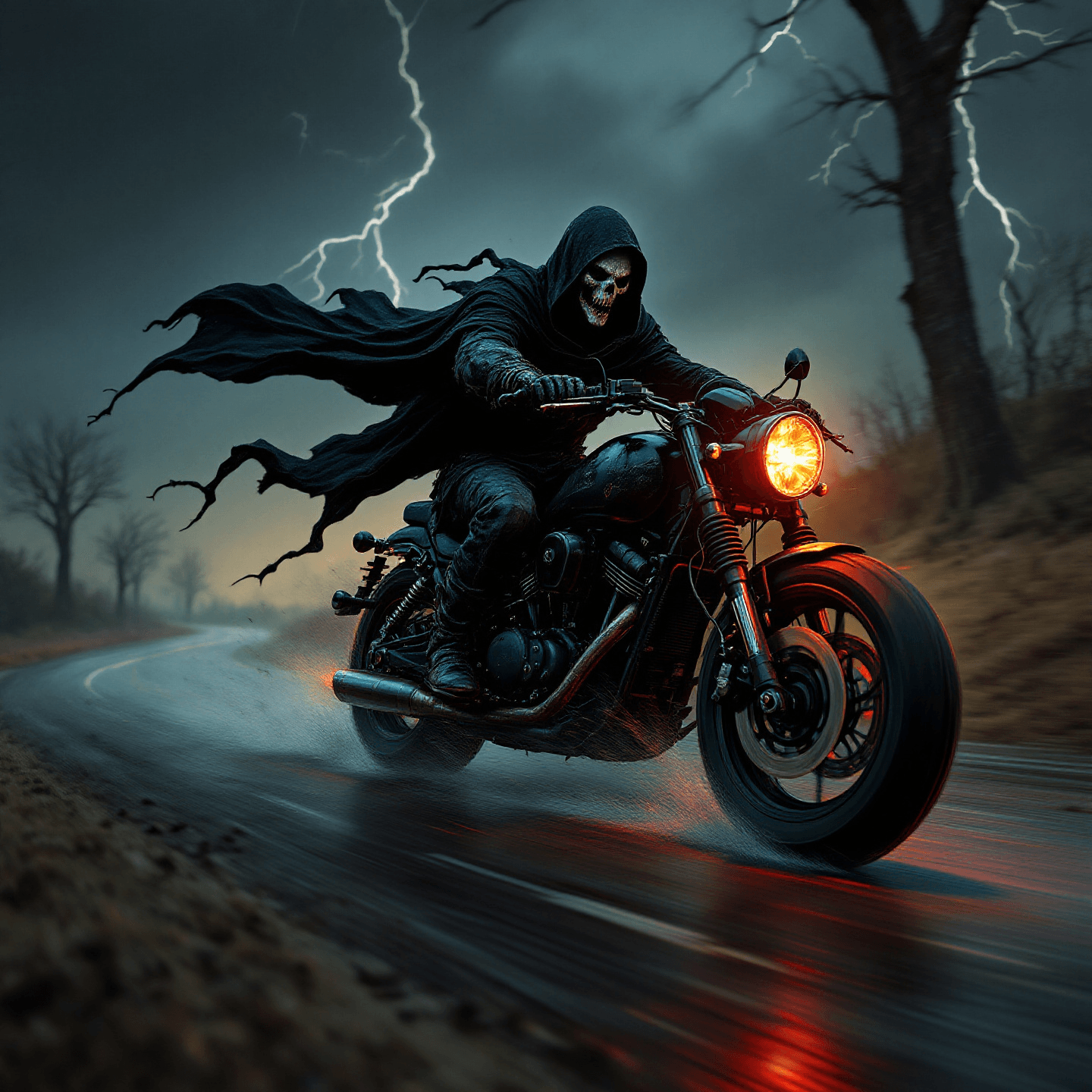 Fearsome Grim Reaper riding a menacing, black motorbike at high speed, under a stormy night sky. The scene is illuminated by flashes of lightning, creating an intense and hardcore atmosphere. The composition is centered, with the Grim Reaper's cloak billowing in the wind and his scythe gleaming brightly.