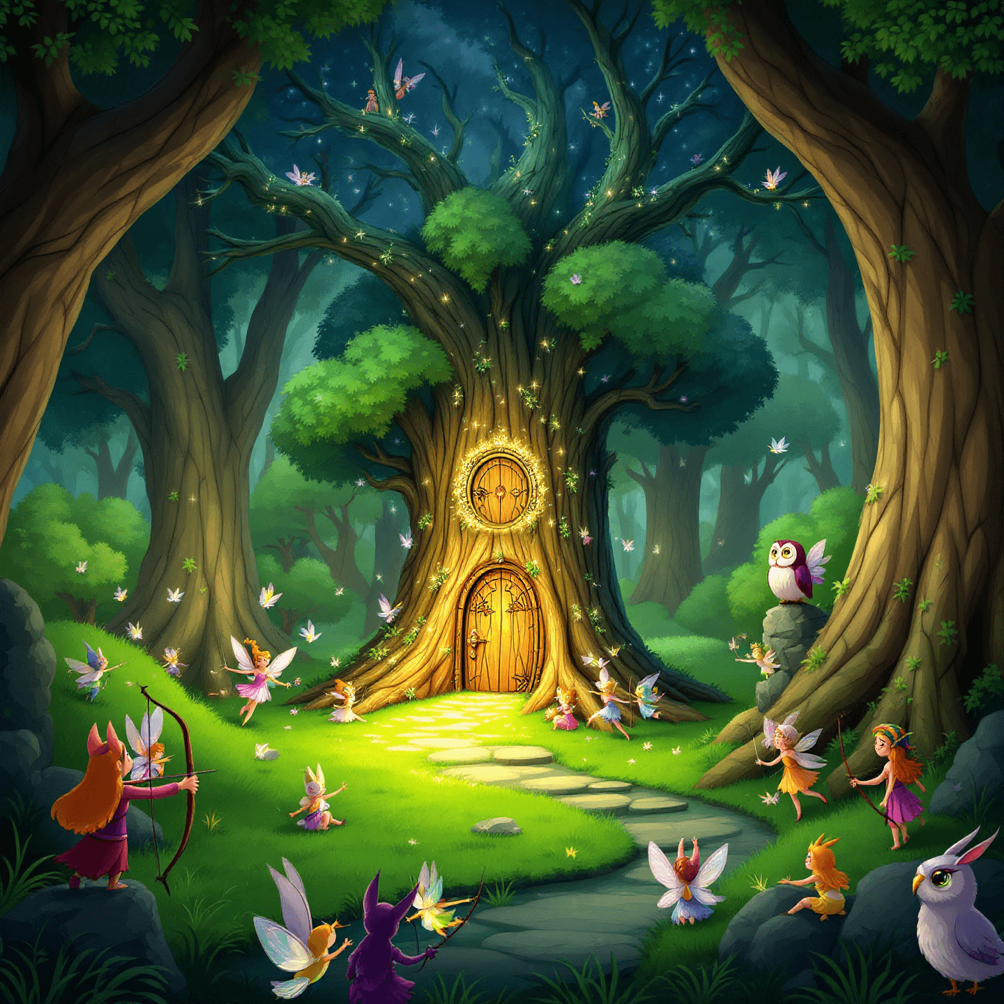 Magical forest inhabited by whimsical creatures like fairies, elves, and talking animals. The design should be enchanting and full of life. Centered composition.