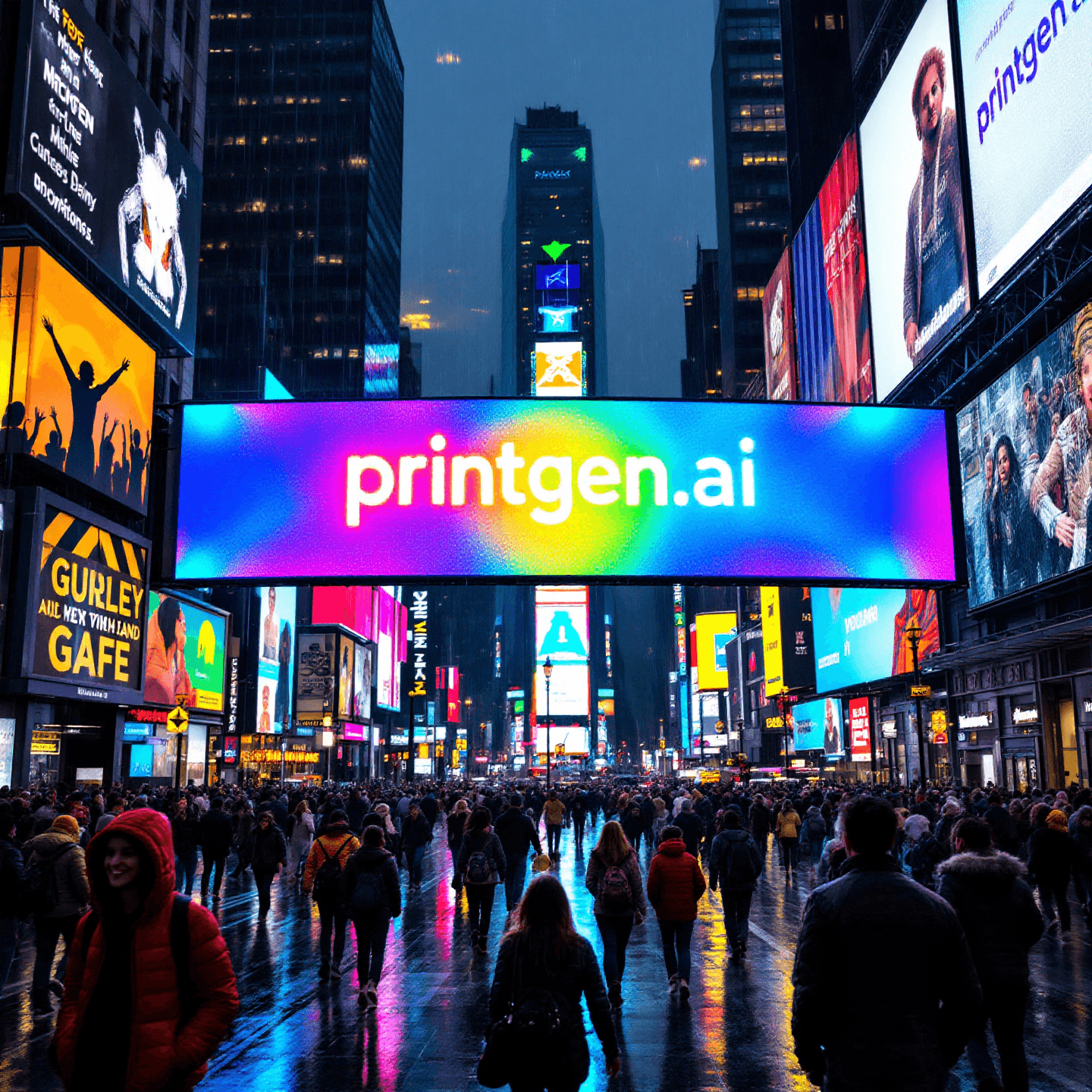 Times Square at sunset during rain, busy people, central banner with text "printgen.ai" in funny colors, vibrant lighting reflecting off wet streets, bustling and lively mood.