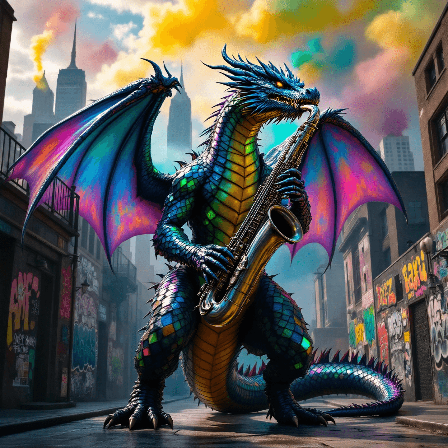 Majestic dragon, vividly detailed, energetically blowing a saxophone. The scene is saturated with vibrant graffiti-style art, with bold colors and intricate designs. The lighting is dynamic, casting dramatic shadows and highlights, creating a lively, urban mood. The dragon is centered in the composition, its scales glistening under the lighting, as if performing an electrifying street concert.