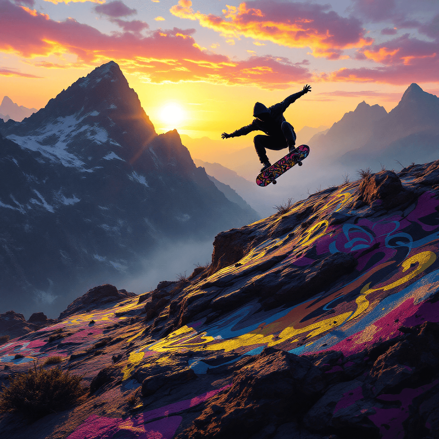 Centered scene of a skateboarder performing a trick on a mountain peak at sunset. The sky is ablaze with hues of orange and pink, casting a warm, golden light on the rugged landscape. Imagine the vivid colors of graffiti art adorning the rocky surfaces around the skateboarder, blending urban flair with natural beauty. The mood is exhilarating and dynamic, with high contrast and a vibrant, energetic style.