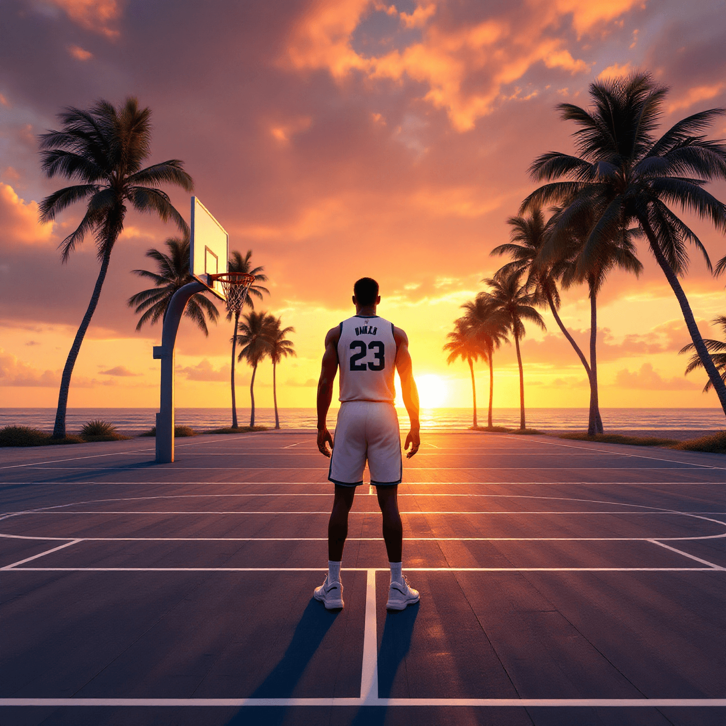 Silhouette of a basketball player on a basketball court with one basket, at sunset, palm trees in the background, beach setting, photorealistic style.