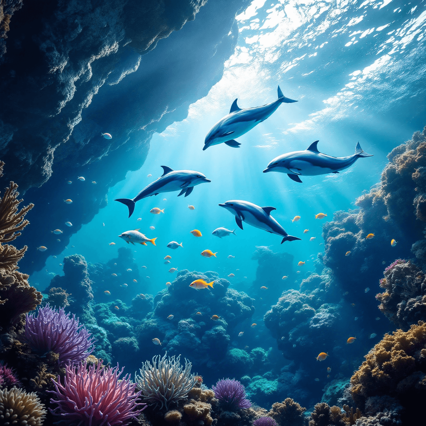 Mesmerizing underwater scene with diverse marine life including dolphins, colorful fish, and coral reefs. The design should be vibrant and full of movement. Centered composition.