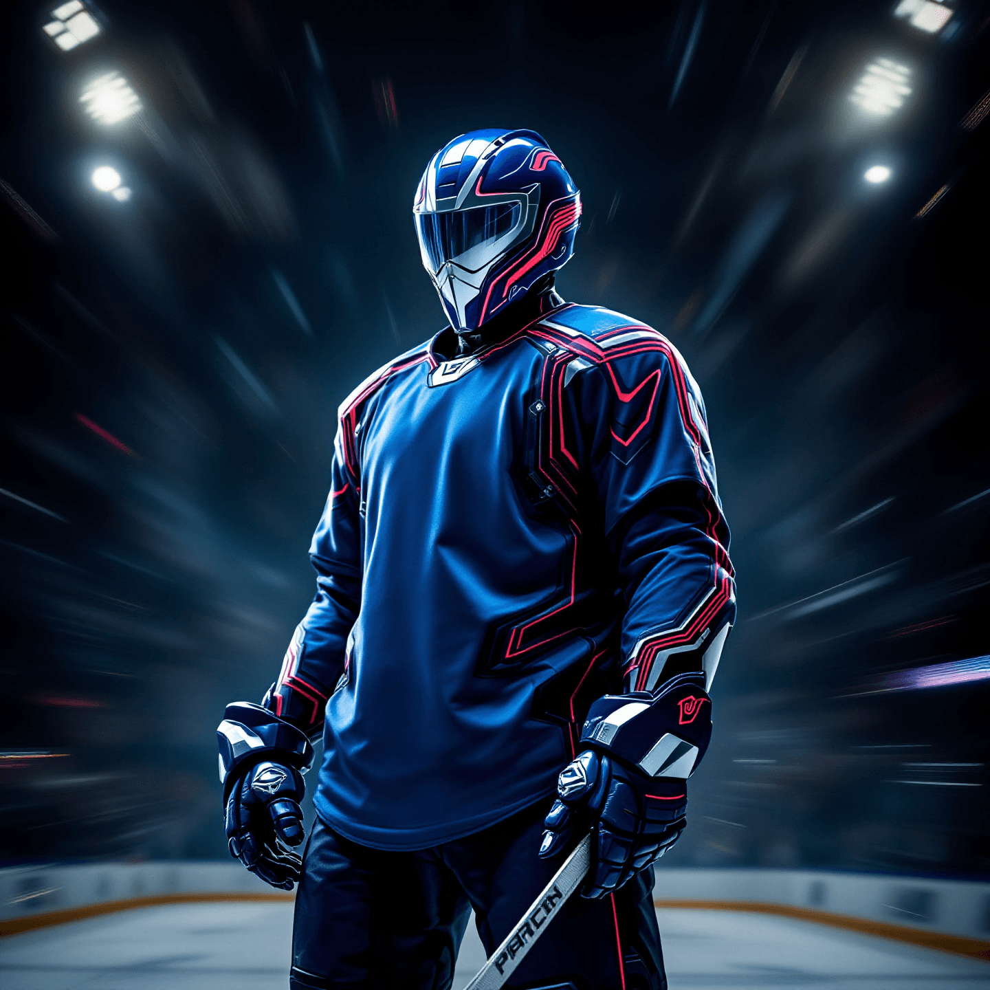 Dynamic hockey player in full gear, holding a bat and pack, facing front and centered. The player's attire is detailed with vivid colors, sharp lines, and a sense of motion. The scene is rendered in a bold comic book style, with dramatic shadows and highlights, evoking a sense of intensity and action. Bright lighting highlights the detailed textures of the gear, creating a visually striking and powerful image.