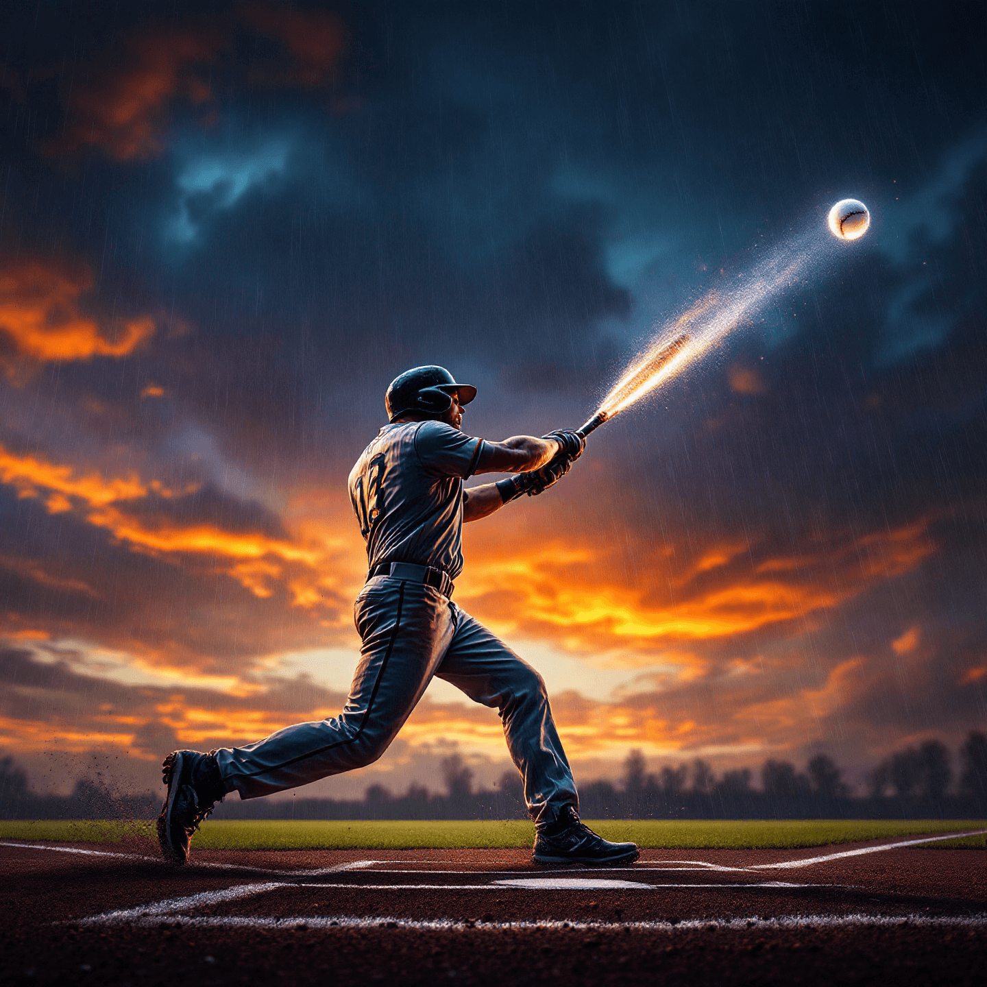 Determined baseball player in mid-swing, hitting the ball out of the park, under a dramatic rain-soaked sunset. The fiery orange and purple hues of the sunset contrast with the dark, rainy ambiance, creating a powerful and emotional scene. Composition is centered, highlighting the player’s intense focus and powerful motion.