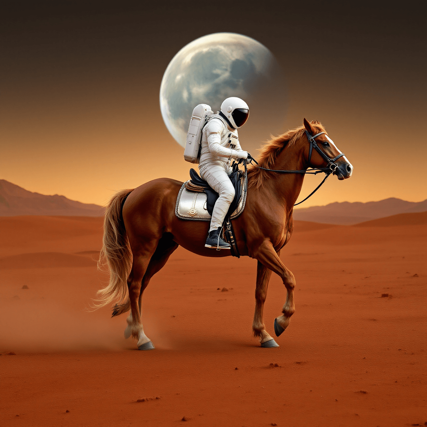 Astronaut riding a horse on Mars at dawn, with the moon in the background. Subdued lighting, serene mood, centered composition, realistic style.