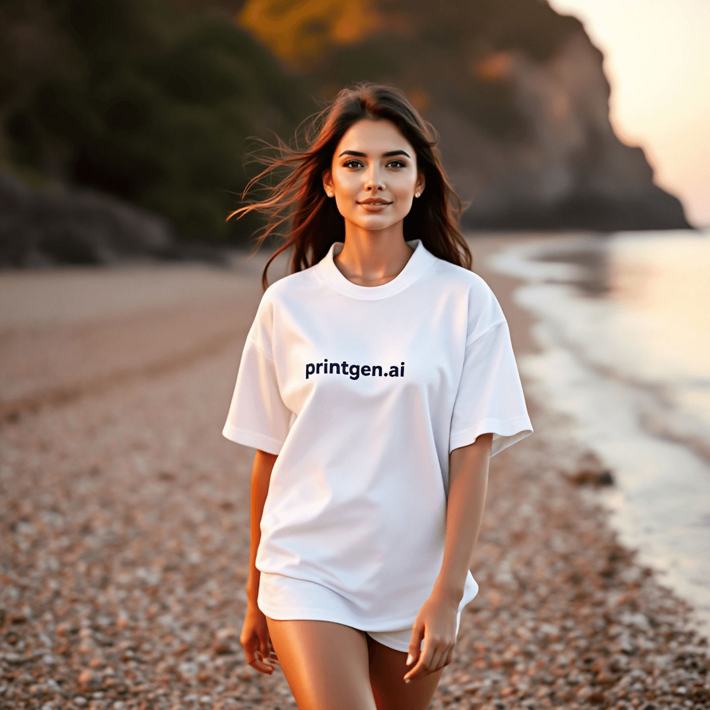 Woman walking straight on a beach at sunset with gentle rain, centered in the composition, wearing a white shirt that says "printgen.ai". The lighting is warm and soft, creating a tranquil and serene mood.