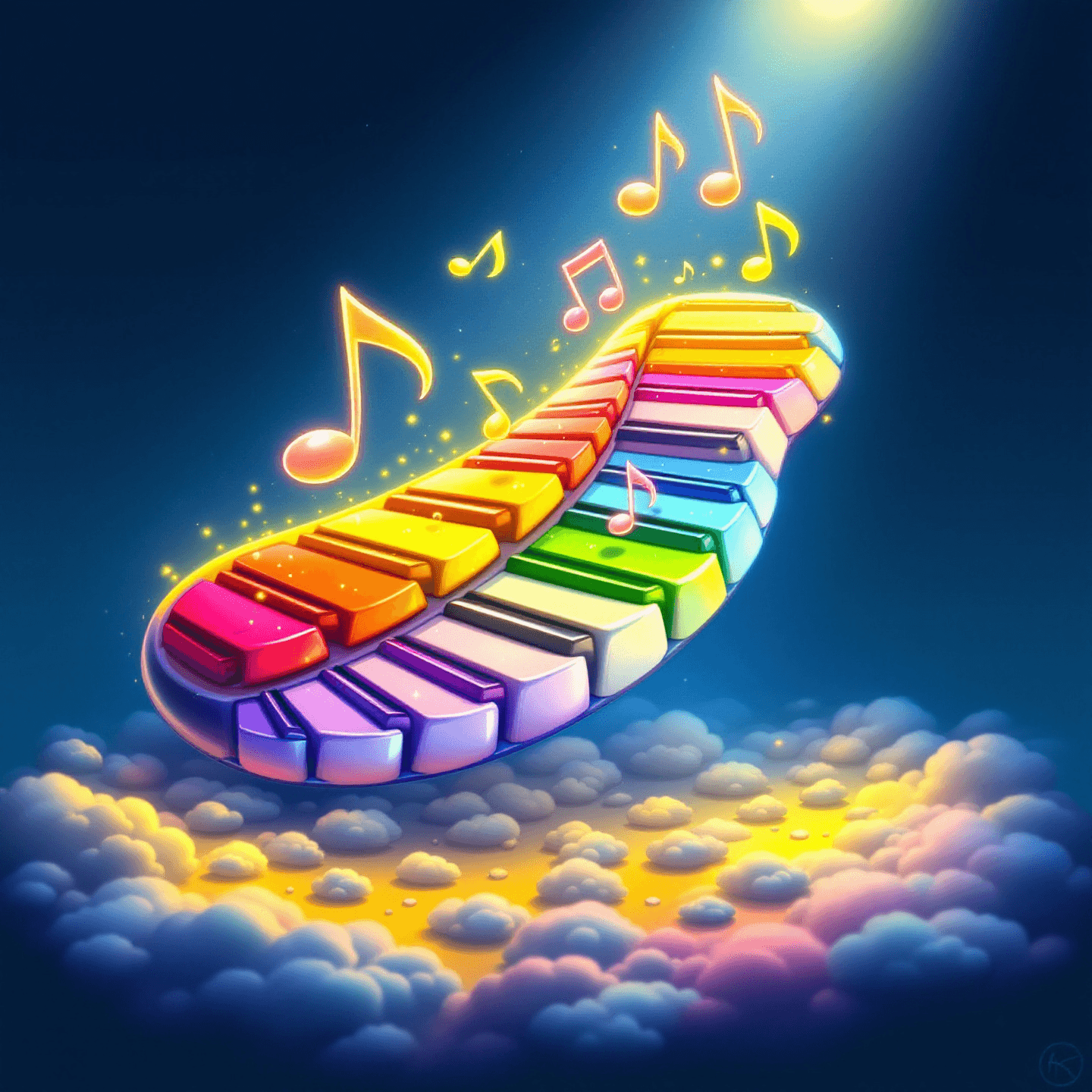 Centralized composition of a cartoonish piano keyboard, with vibrant, playful colors and whimsical, oversized keys. The piano notes float above the keys like musical clouds, glowing softly as if illuminated by gentle moonlight. The overall scene exudes a joyful and lighthearted mood, with a slightly magical, dreamy atmosphere.