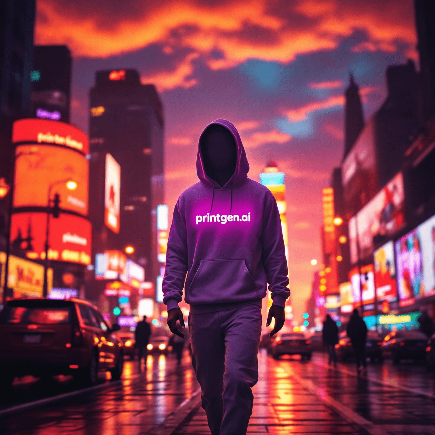 New York Times Square at sunset, rainy weather, with a man walking straight and centered. The man wears a white shirt with "printgen.ai" text. Lighting is warm and moody, style is realistic.