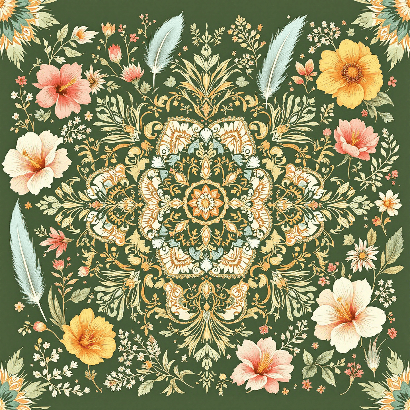 Bohemian-inspired design with intricate mandalas, feathers, and floral elements in a harmonious blend of earthy tones and vibrant accents. The pattern should have a hand-drawn, artisanal feel, creating a relaxed and dreamy aesthetic. Centered composition.