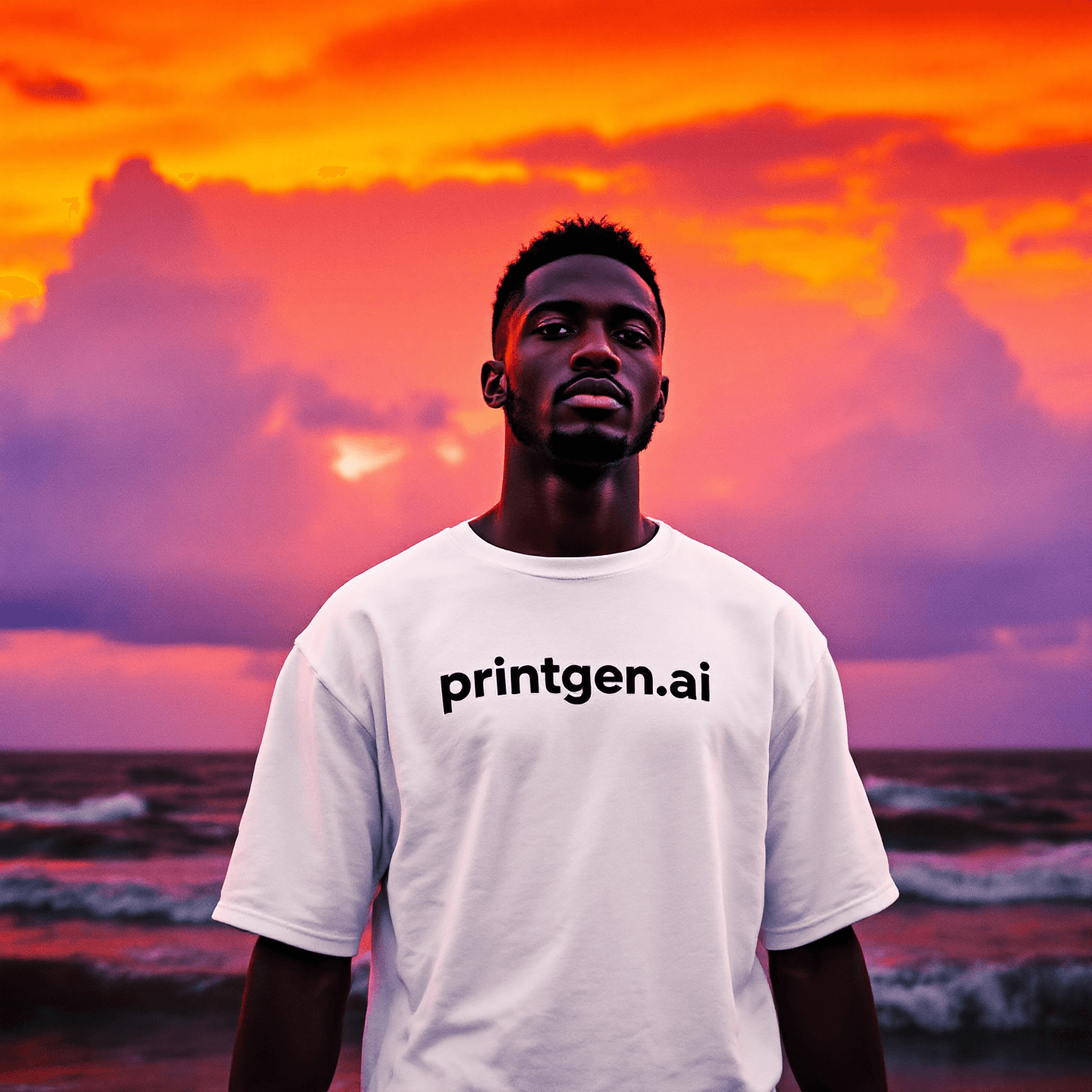 Man walking straight, centered, on the Beach during a sunset with light rain. His white shirt clearly displays the text "printgen.ai". Warm, golden lighting with a serene mood.