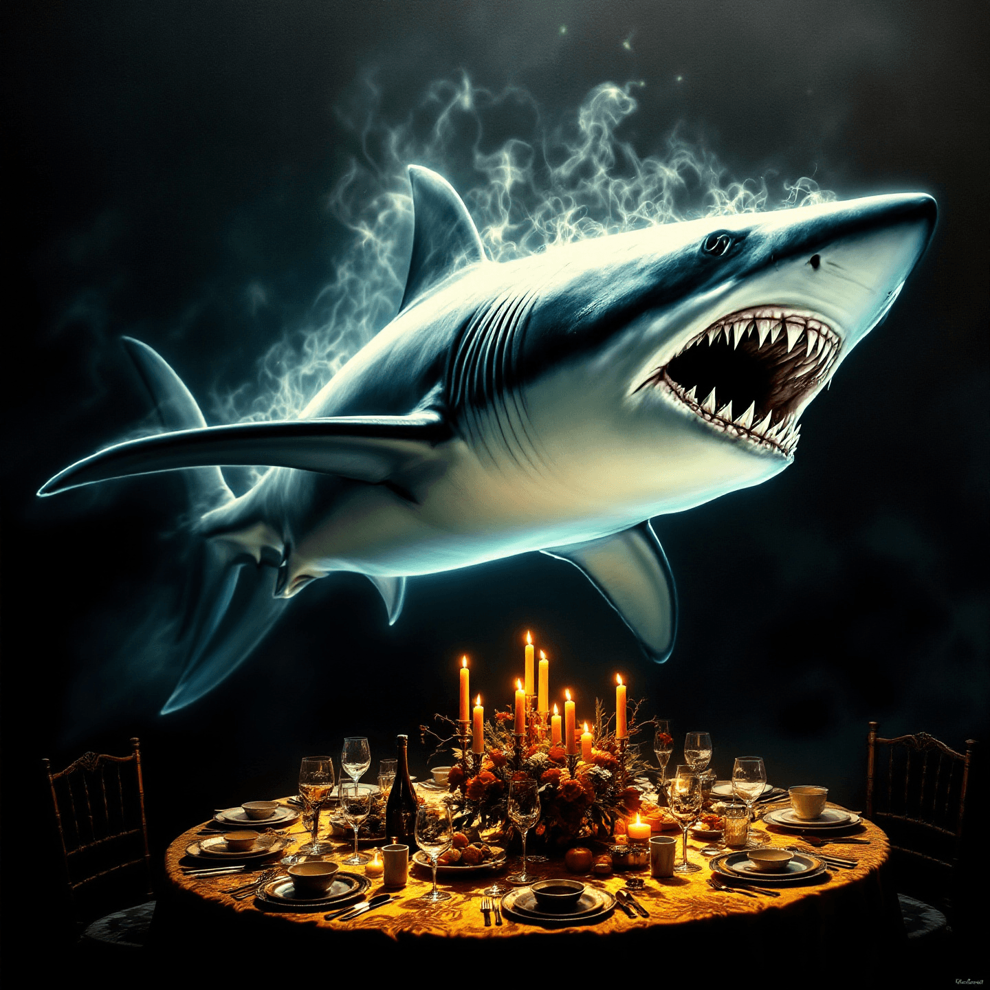 Shark with a wide-open mouth floating over a dinner table, centered, with dramatic baroque lighting and style.