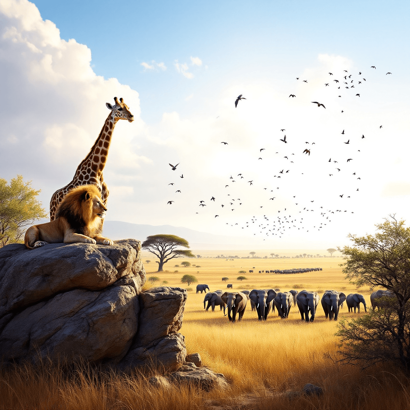 Detailed scene of a wildlife safari with animals such as lions, elephants, and giraffes in their natural habitat. The design should be vivid and captivating. Centered composition.