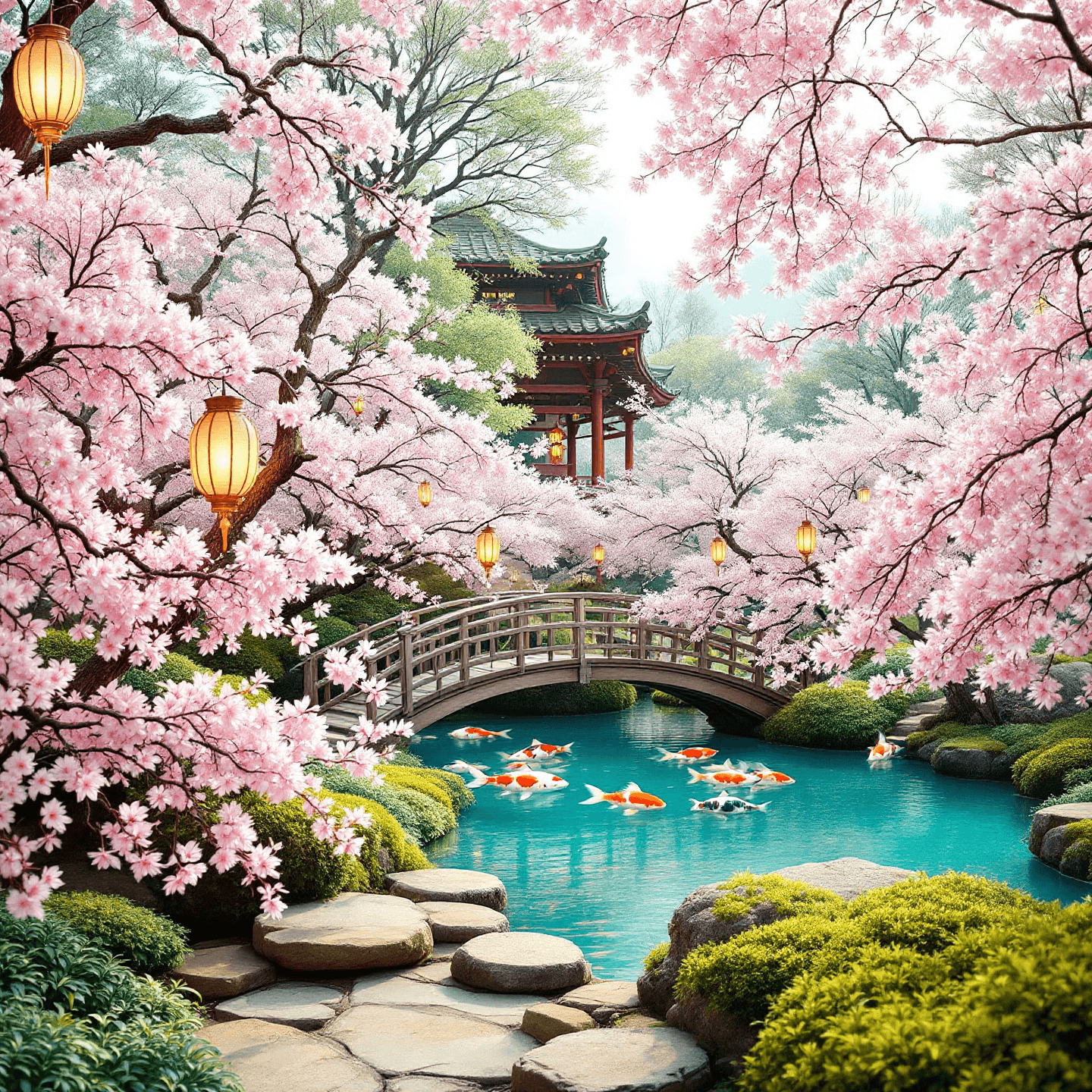 Serene Japanese garden scene with cherry blossom trees in full bloom, traditional lanterns, and koi fish in a pond. The design should be delicate and detailed, with soft pinks, whites, and greens, evoking a sense of tranquility and natural beauty. Centered composition.