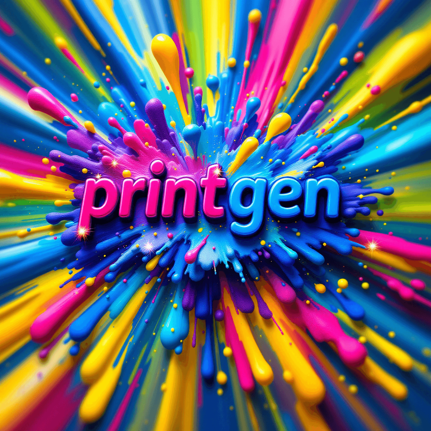 A vibrant explosion of various paint colors with energetic lighting, a centered composition, and centered text reading 'printgen.ai' in funny colors.