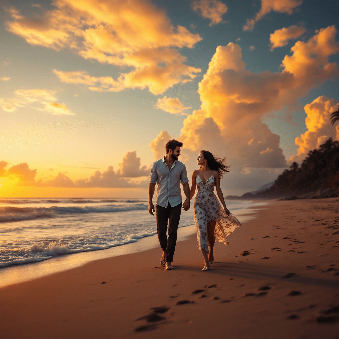 Photorealistic scene of a couple walking down the beach at sunset, with a dramatic sky and clouds. Warm, golden lighting. Romantic and serene mood. Central composition.