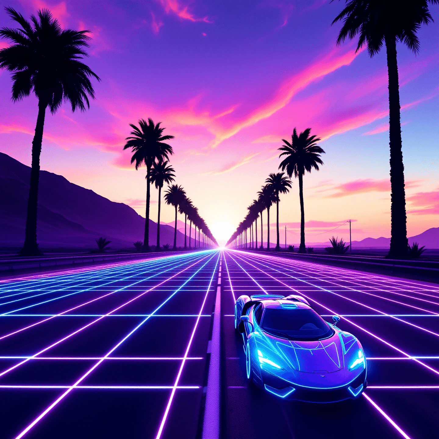 Retro 1980s-inspired synthwave design with neon grids, palm trees, sunsets, and a futuristic car. The color palette should include neon pinks, purples, and blues, capturing the nostalgic feel of the 80s synthwave aesthetic. Centered composition.