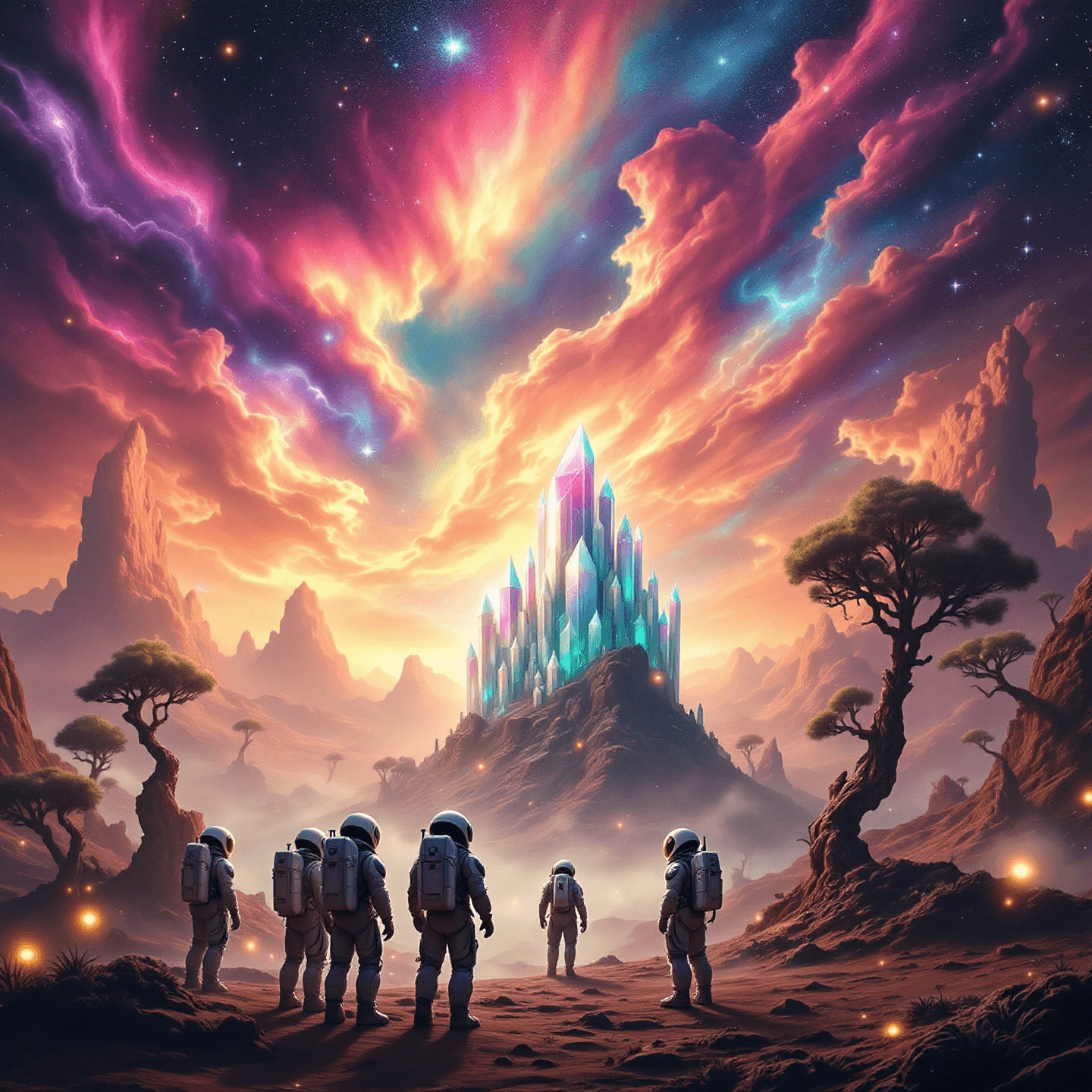 An adventurous outer space scene with astronauts exploring an alien planet, surrounded by stars, galaxies, and colorful nebulas. The design should be imaginative and otherworldly. Centered composition.