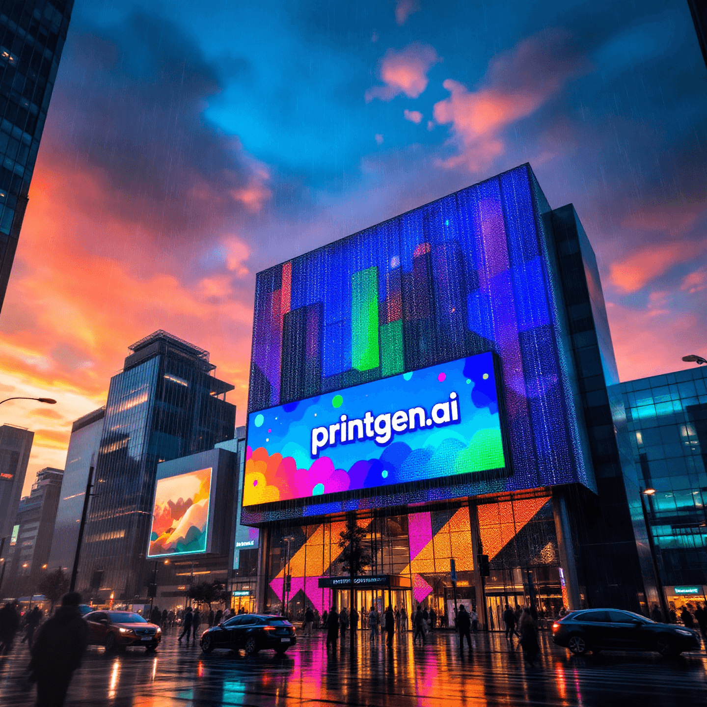 City center at sunset with rain, brightly lit central building featuring a banner in funny colors saying "printgen.ai".