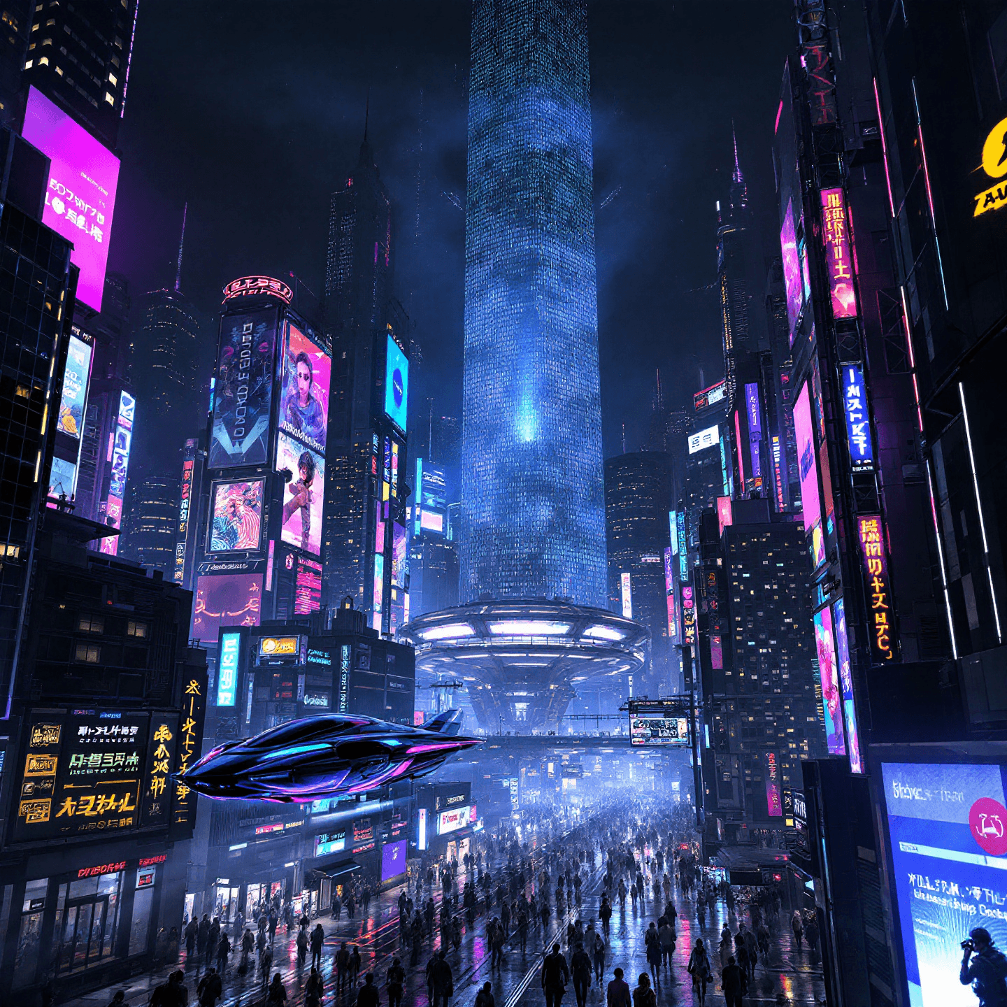 Detailed cyberpunk cityscape at night, with neon lights, towering skyscrapers, and futuristic vehicles. The design should include elements of technology, digital screens, and a blend of purple, blue, and pink hues, in a high-tech, futuristic style. Centered composition.