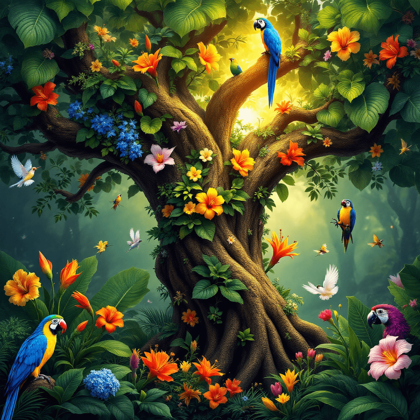 Lush, vibrant jungle filled with exotic flowers, oversized leaves, and colorful birds. The design should be rich in detail with bright, contrasting colors, in a dynamic and lively style. Centered composition.