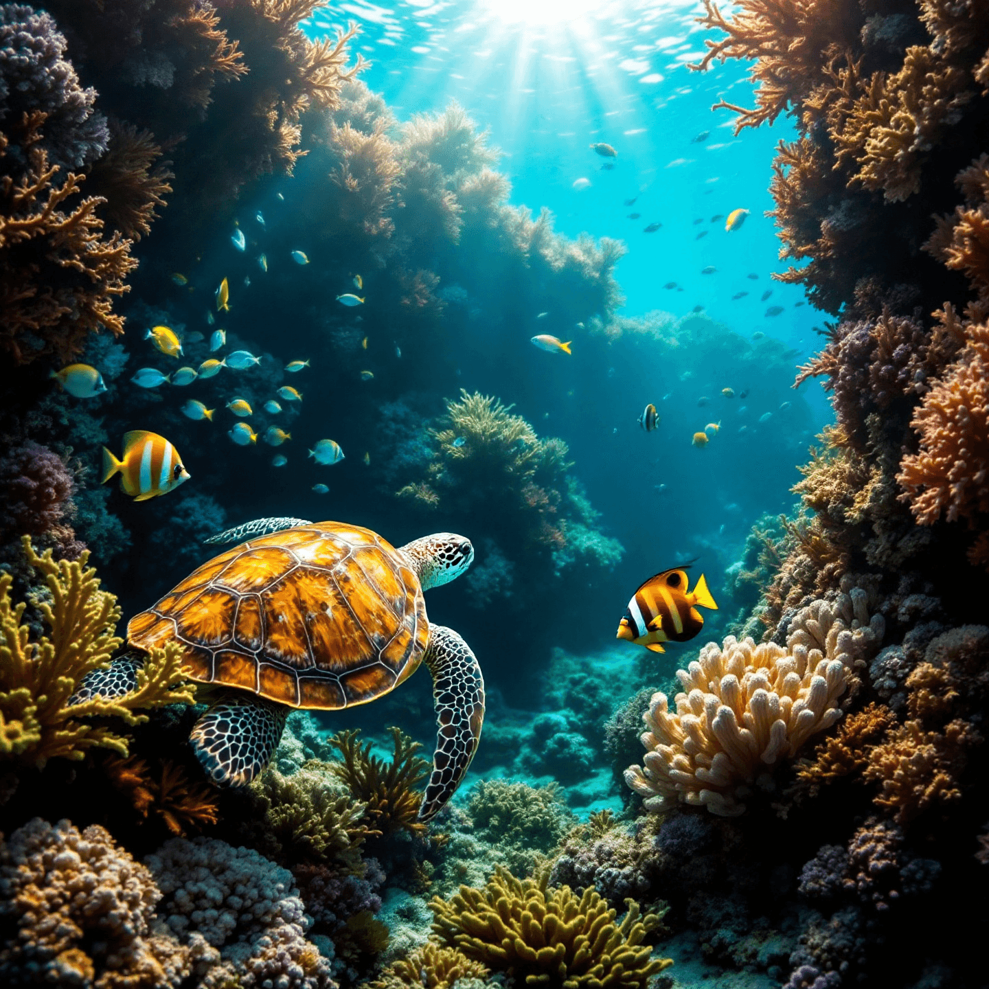 Colorful underwater scene with a diverse array of coral, tropical fish, sea turtles, and other marine life. The design should be bright and vibrant, showcasing the beauty and diversity of a coral reef ecosystem. Centered composition.