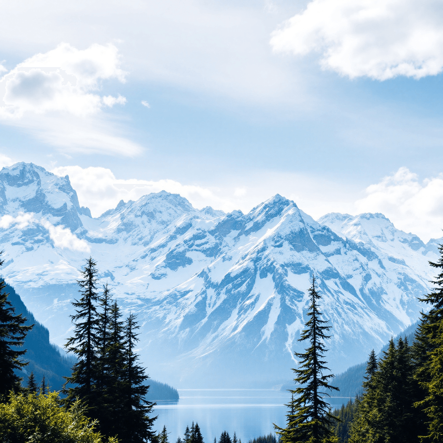 Breathtaking mountain landscape with snow-capped peaks, lush green valleys, and a serene lake reflecting the scenery. The design should evoke a sense of peace and grandeur. Centered composition.