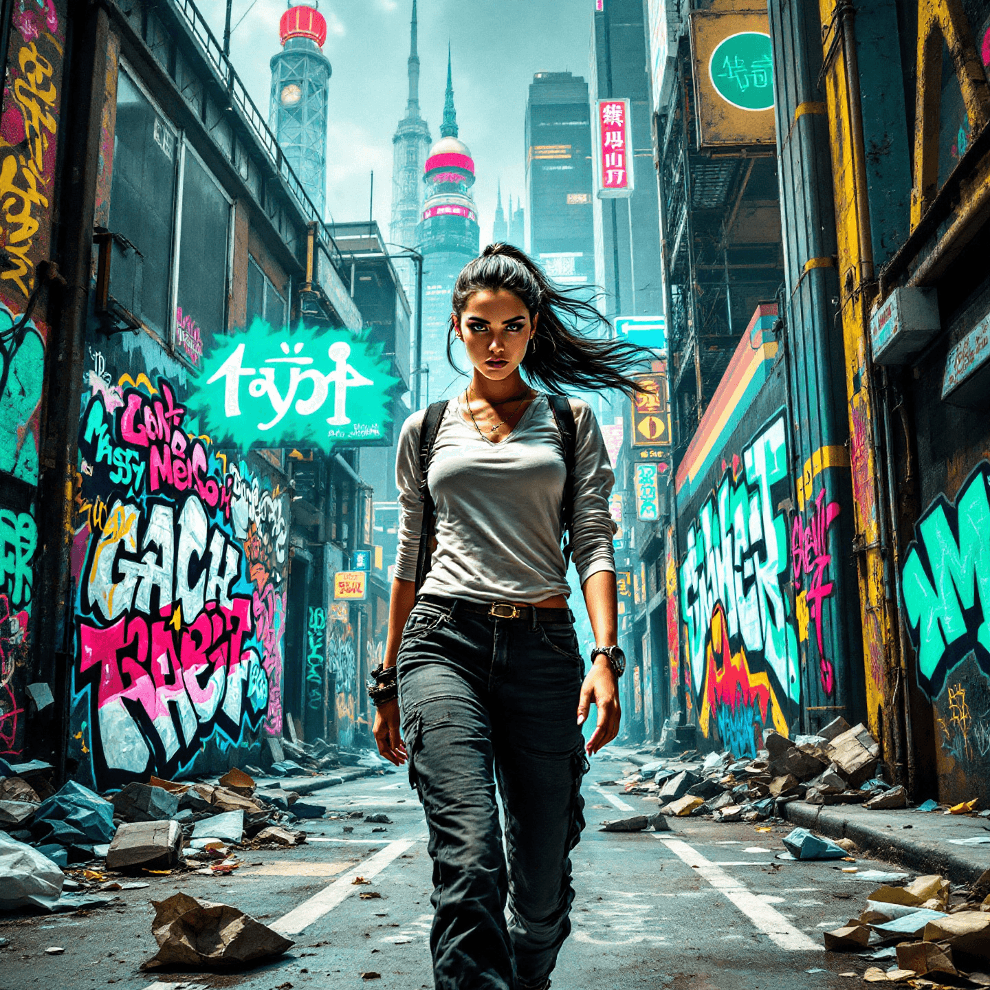 Bold and edgy urban scene featuring graffiti art, street elements, and a vibrant city backdrop. The scene should be dynamic and full of attitude. Centered composition.