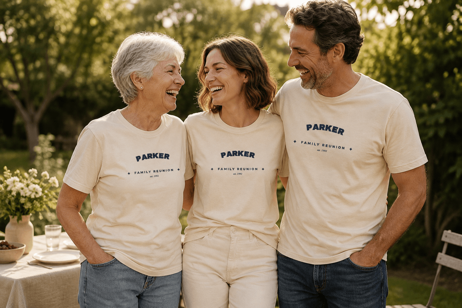 Three adult relatives laughing in a garden in matching Parker family reunion tees