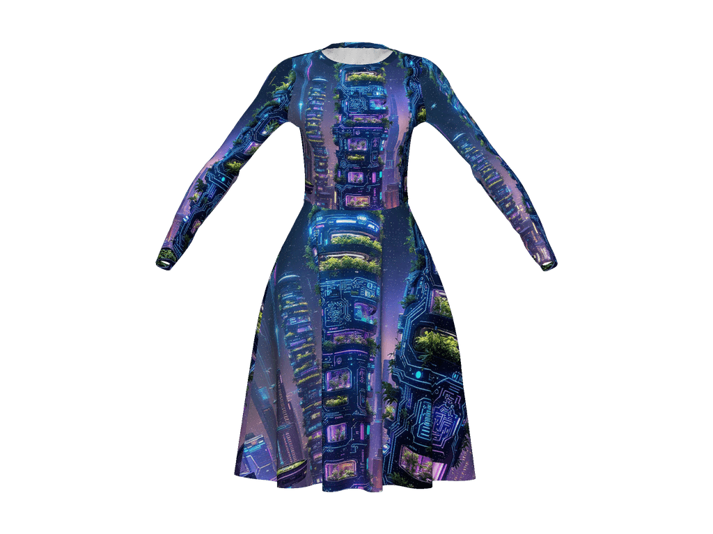 All-Over Print Long Sleeve Midi Dress