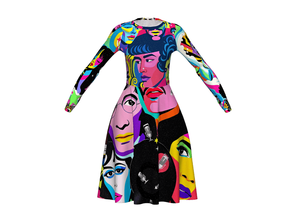 All-Over Print Long Sleeve Midi Dress