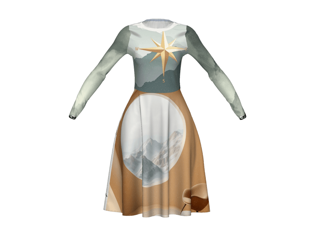 All-Over Print Long Sleeve Midi Dress