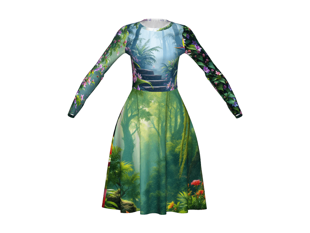 All-Over Print Long Sleeve Midi Dress