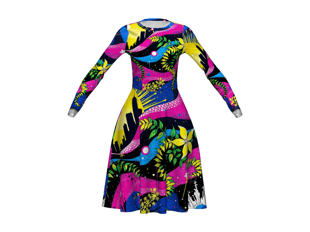 All-Over Print Long Sleeve Midi Dress