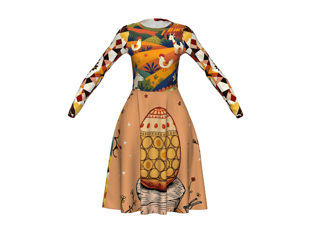 All-Over Print Long Sleeve Midi Dress