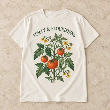 An ivory birthday tee with a tomato vine and Forty & Flourishing lettering