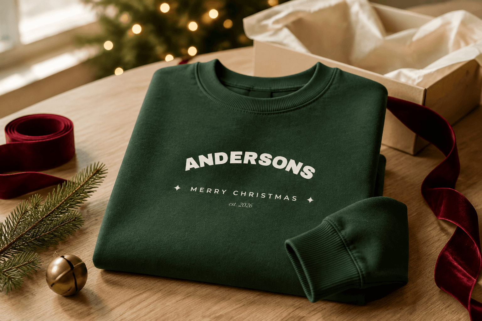 A forest-green Andersons Christmas sweatshirt with a gift box, red ribbon, and evergreen sprig