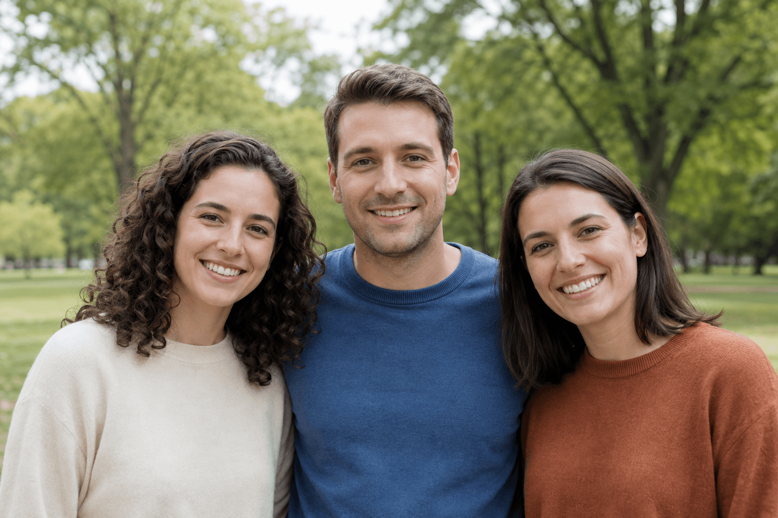 Wide crop keeps all three faces inside the frame