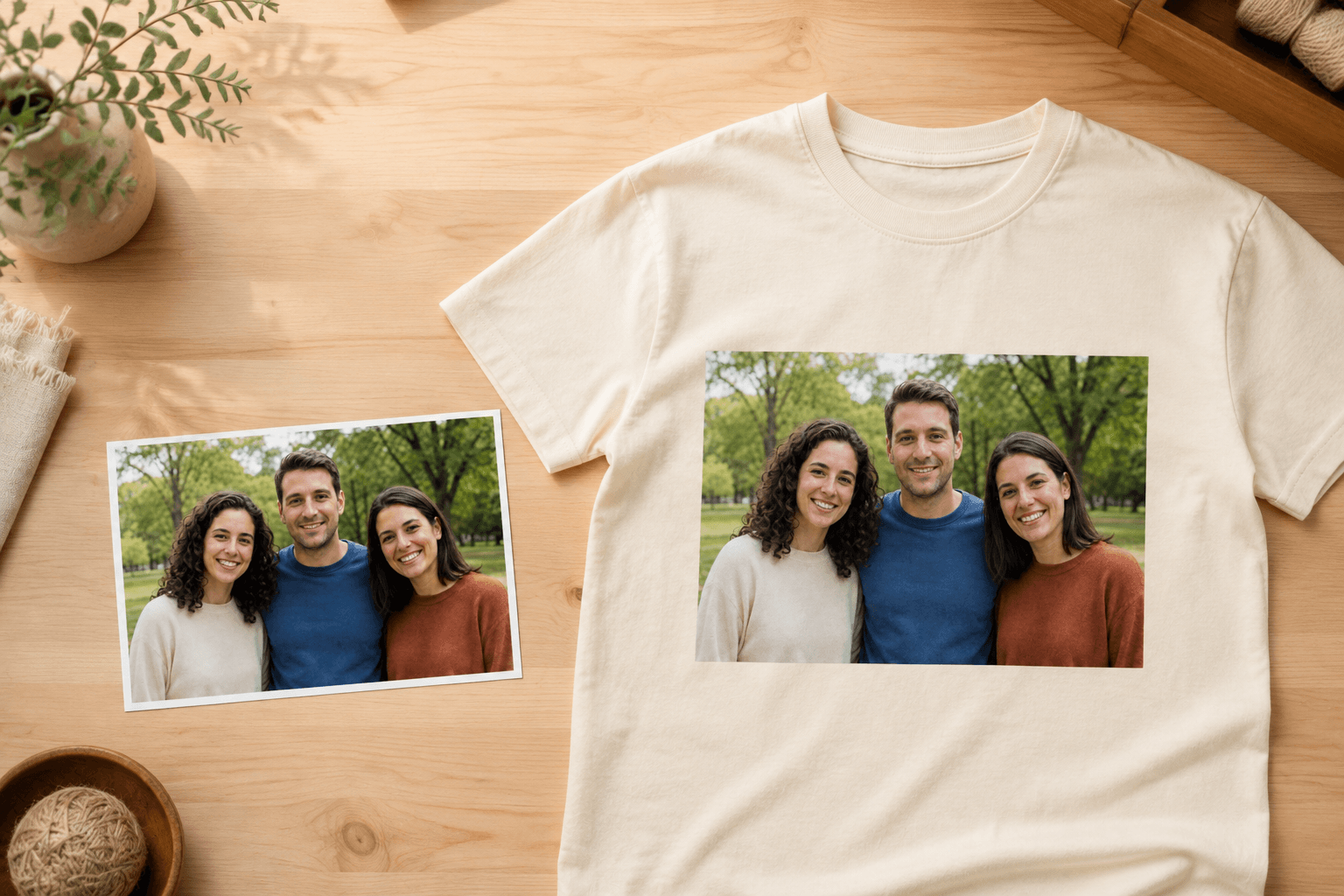 A family photo beside a cream T-shirt showing the same three people