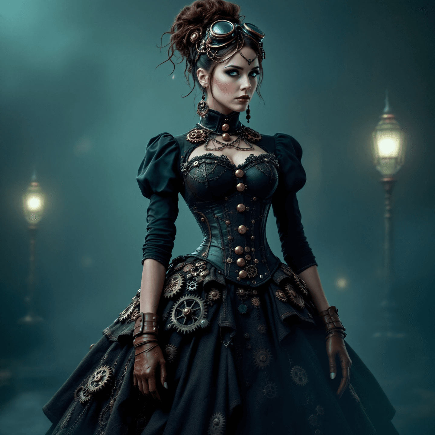 Steampunk-inspired design featuring intricate machinery, gears, and Victorian-era fashion elements. The colors should include metallic tones like bronze, copper, and gold, combined with deep blues and greens for a vintage, adventurous feel. Centered composition.
