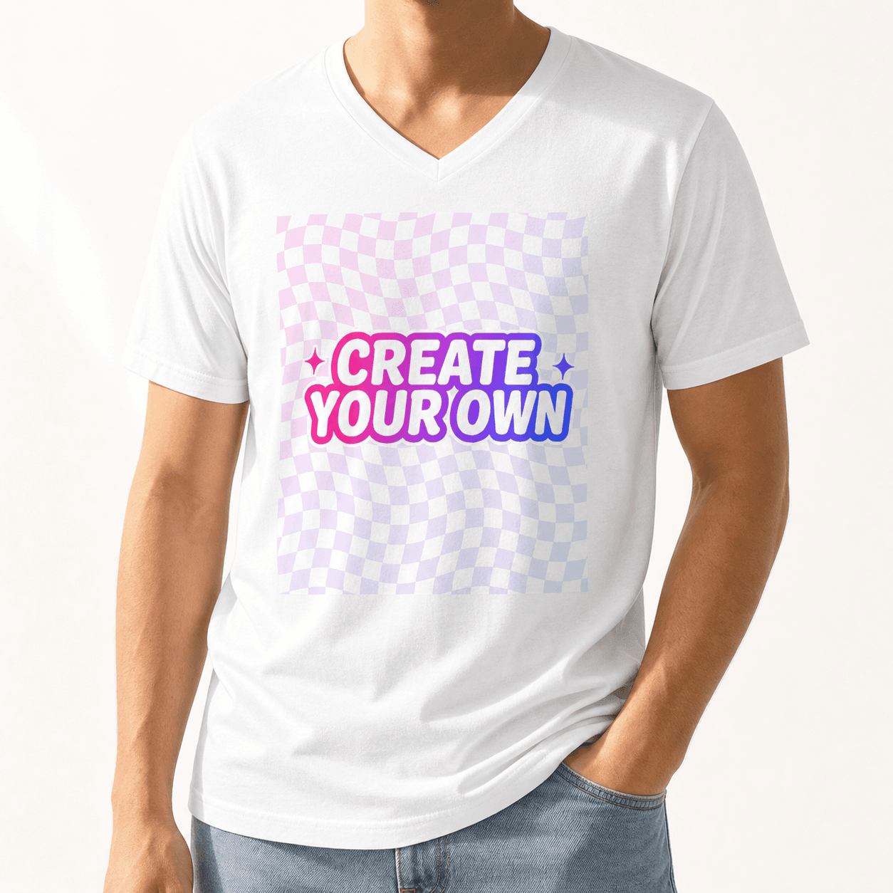 Unisex V-Neck Jersey Tee on model